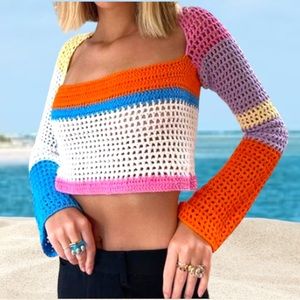 Knit Crop Top Emilyn Crochet Square Neck White Pink Blue Coral Orange Yellow